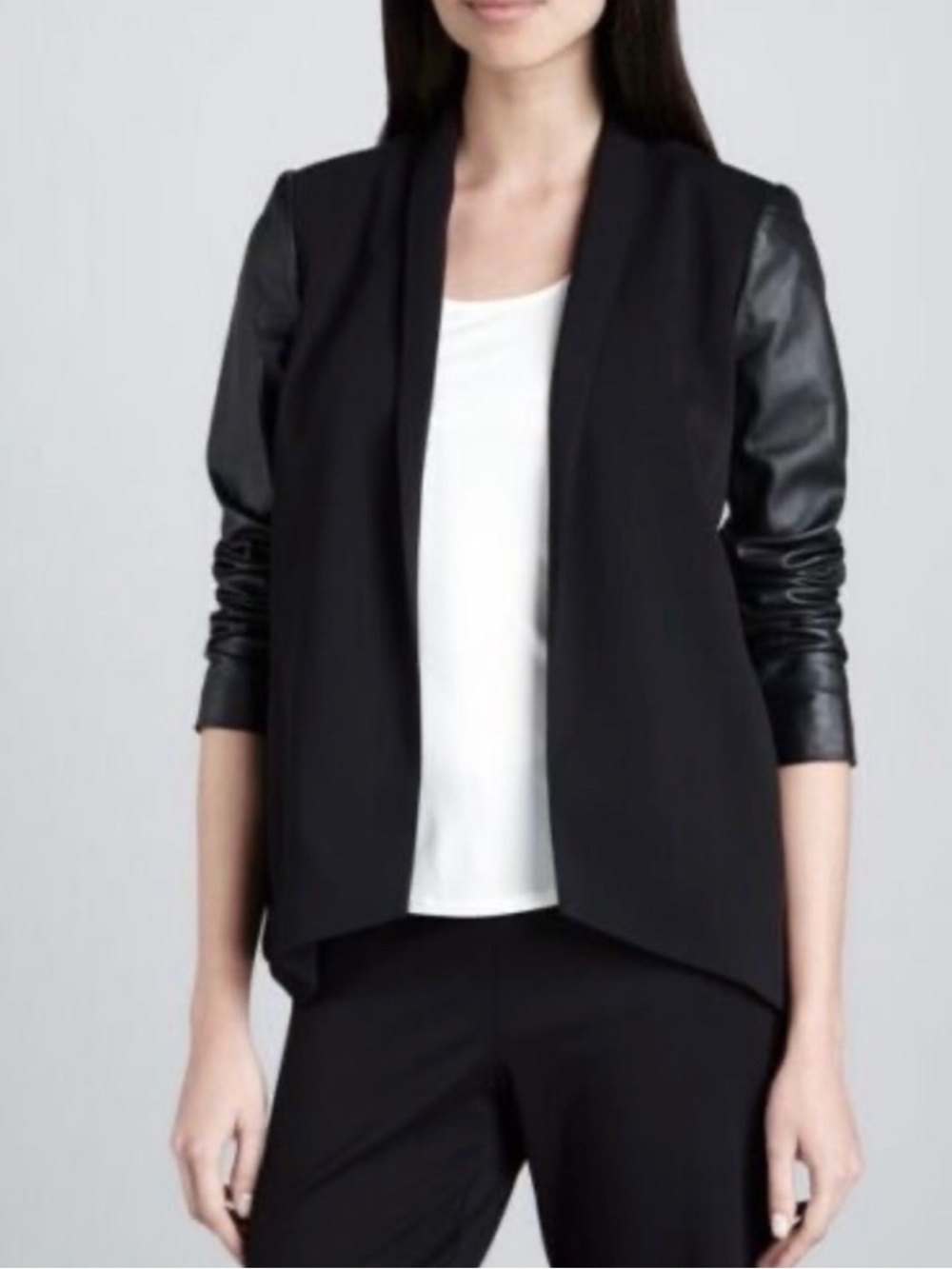 Eileen Fisher Black Draped Open-Front Jacket with Leather Sleeves